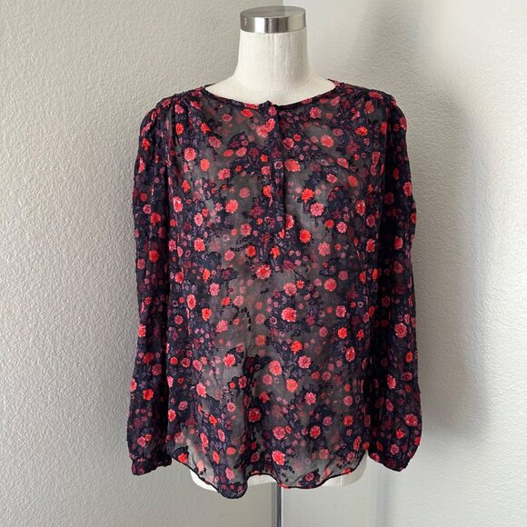 Rebecca Taylor Crash Velvet Floral Print Silk Blouse Sheer Lightweight Sz 10 - Picture 1 of 12